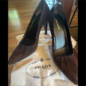 Prada authentic one of a kind chocolate suede pumps.
